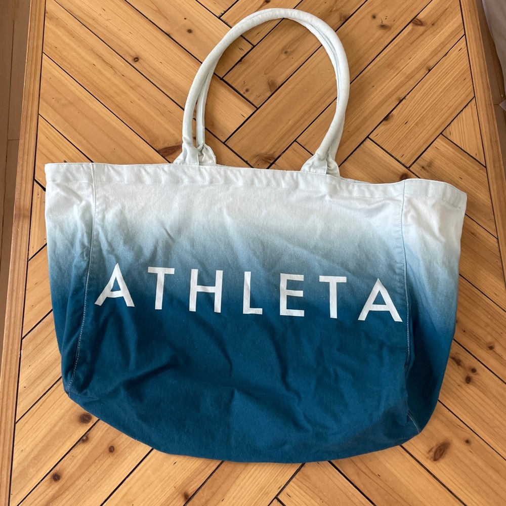 Athleta Beach Bag Gym Bag Tote Blue Ombre White Canvas Shopping Bag.